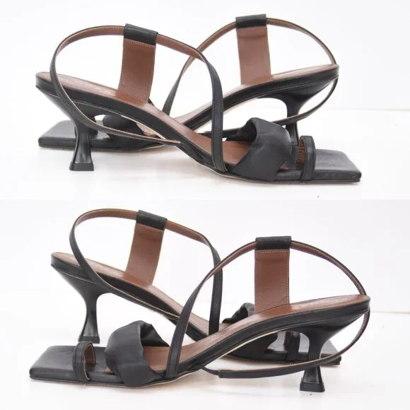 ALOHAS Asymmetrical Black Leather Heeled Open Toe Square Toe Sandal Shoes 40 US9 - Picture 4 of 16
